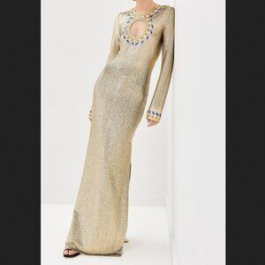 NWT RABANNE Paco Rabanne Embellished Metallic Cutout Gold Gown Maxi Dress FR40